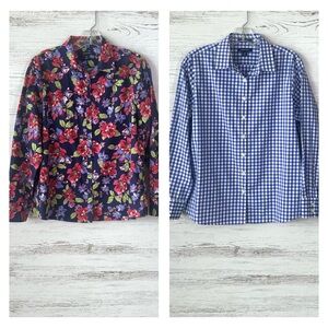 LANDS’ END No Iron Supima Button Down Shirts Lot of TWO 12P Floral Gingham